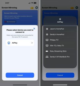 AirPlay and the device list in TV Cast – Screen Mirroring +