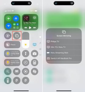 Device list in the iPhone Control Center in TV Cast – Screen Mirroring +