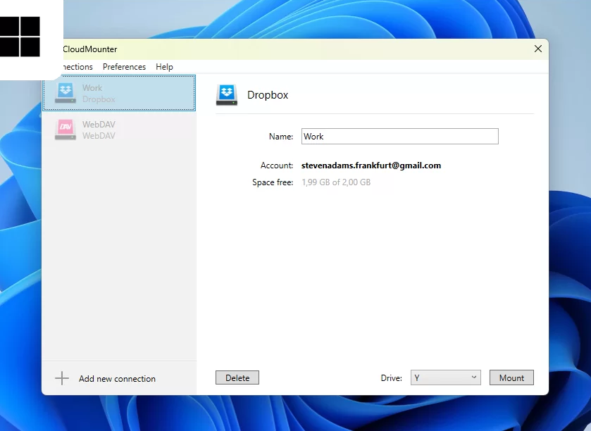 The dialog of Dropbox details in CloudMounter on Windows PC