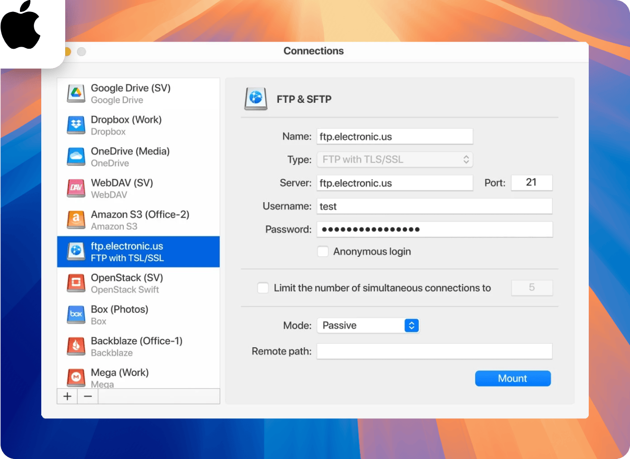 Enter the FTP details to set up the connection on Mac