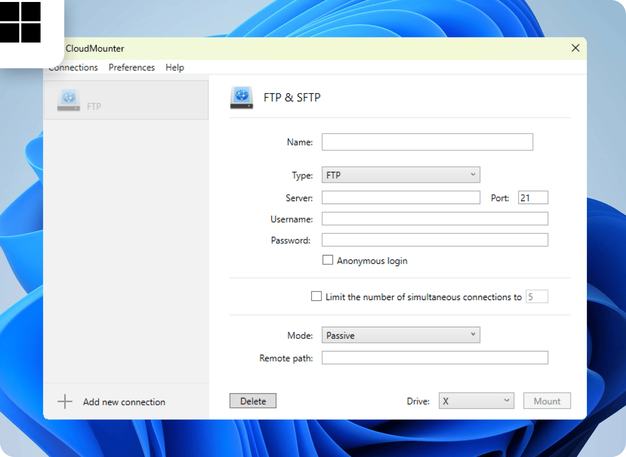 The window of FTP details on Windows PC