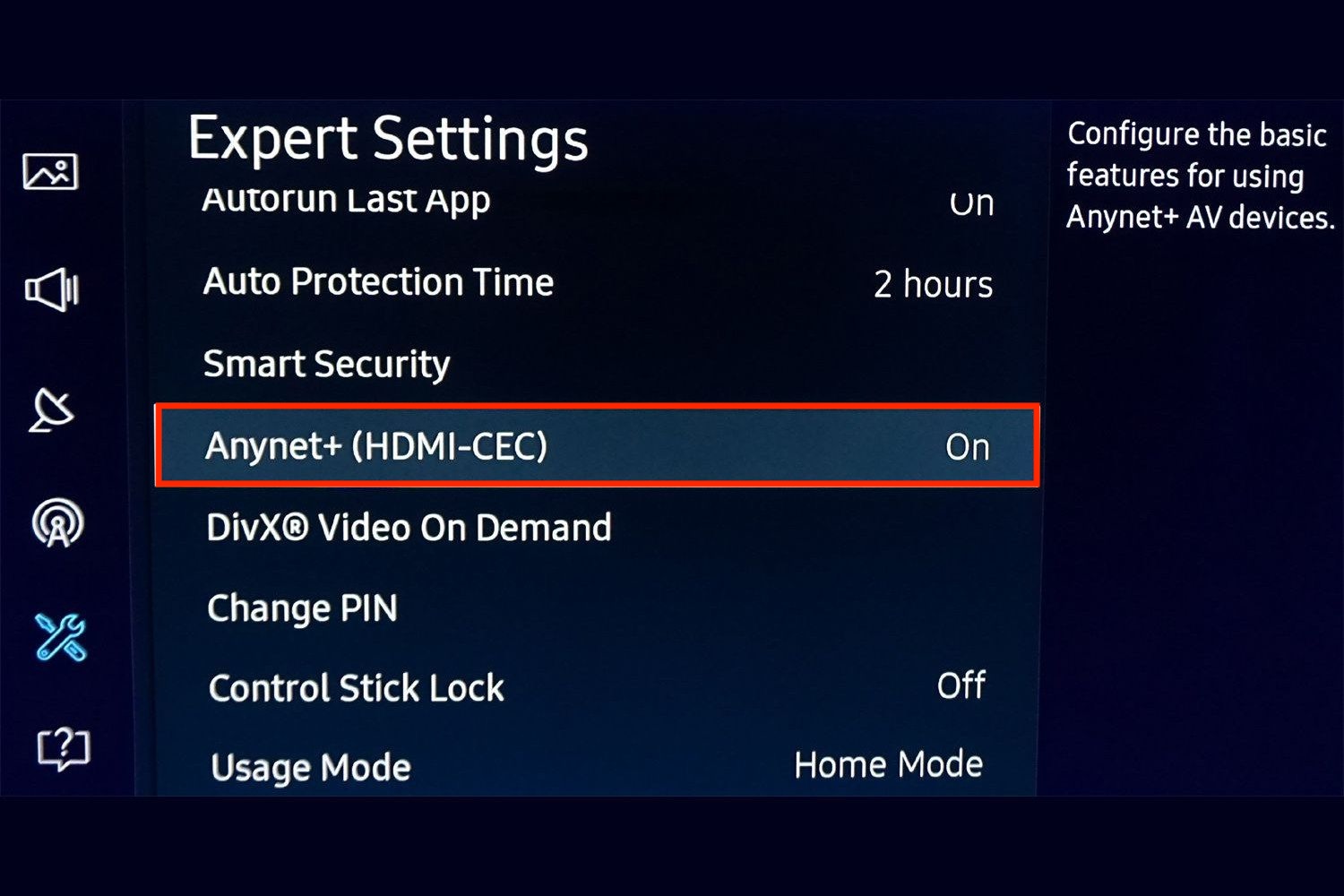 Settings of the Samsung TV with HDMI CEC option