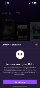 Tap on the Connect now button in The Roku App on iPhone