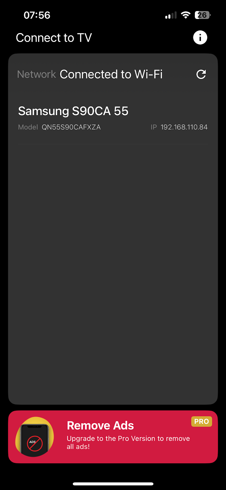 Select your Samsung TV from the list of devices in Remote for Samsung TV Plus