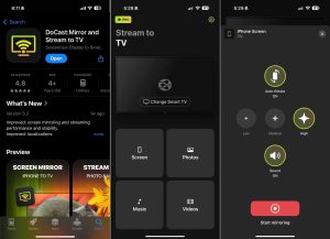 Three screenshots of the DoCast app depicting various screens possible within the app