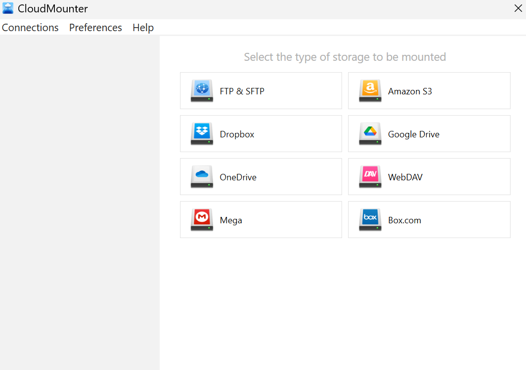 Choose the Amazon S3 icon in CloudMounter on Windows Select Amazon S3 connection in CloudMounter on Windows