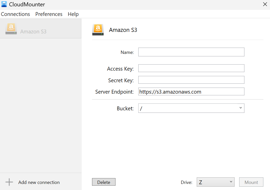 Setting up Amazon S3 in CloudMounter on Windows PC Amazon S3 setting in CloudMounter on Windows