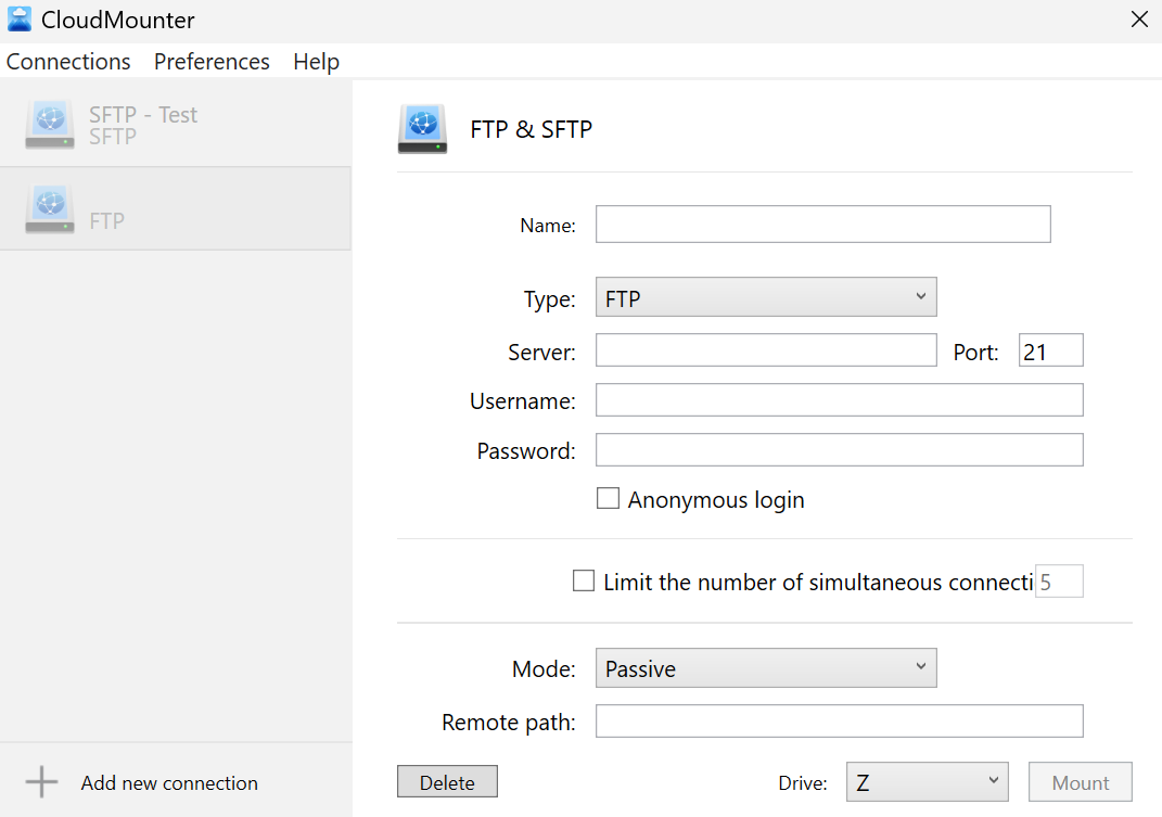 FTP setting in CloudMounter on Windows