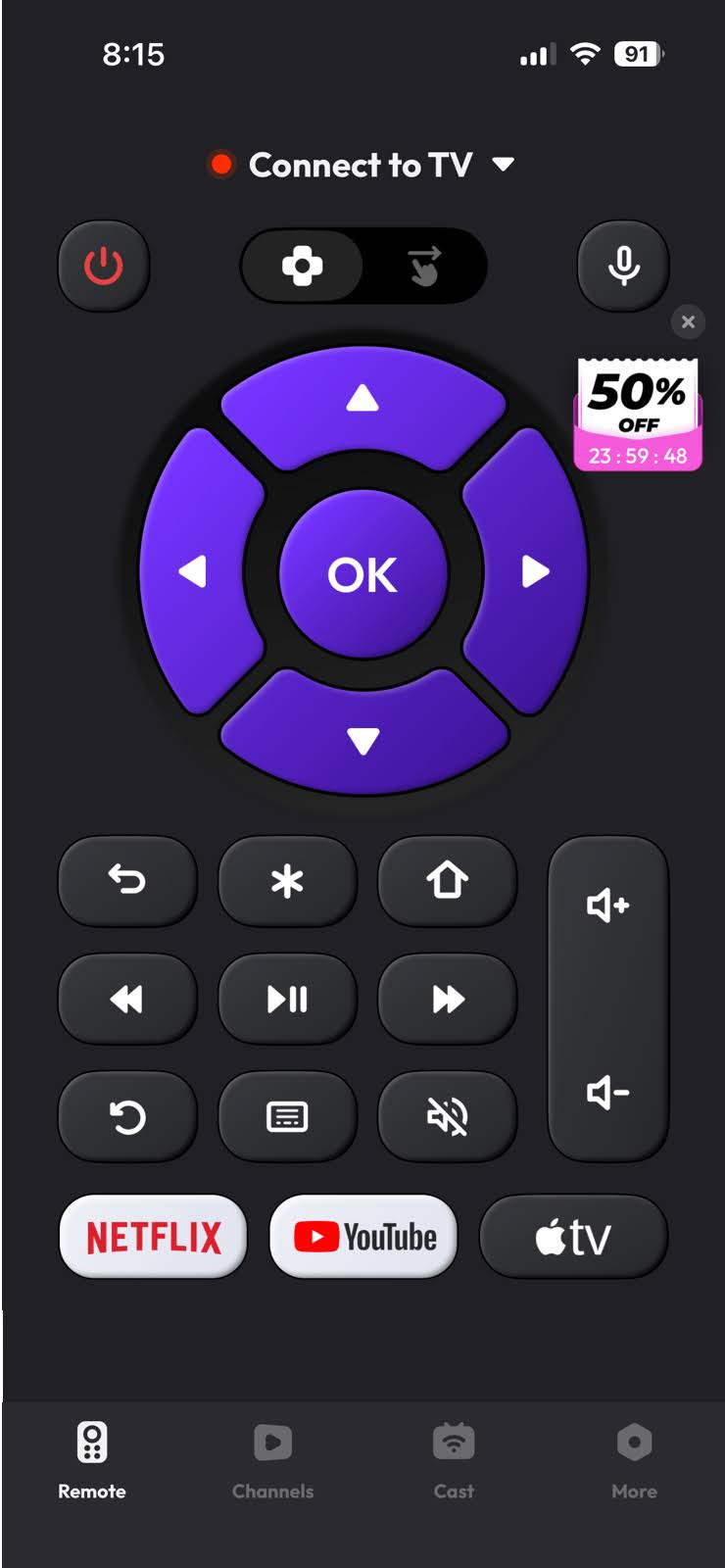 The main screen of the TV Remote, Universal Remote app