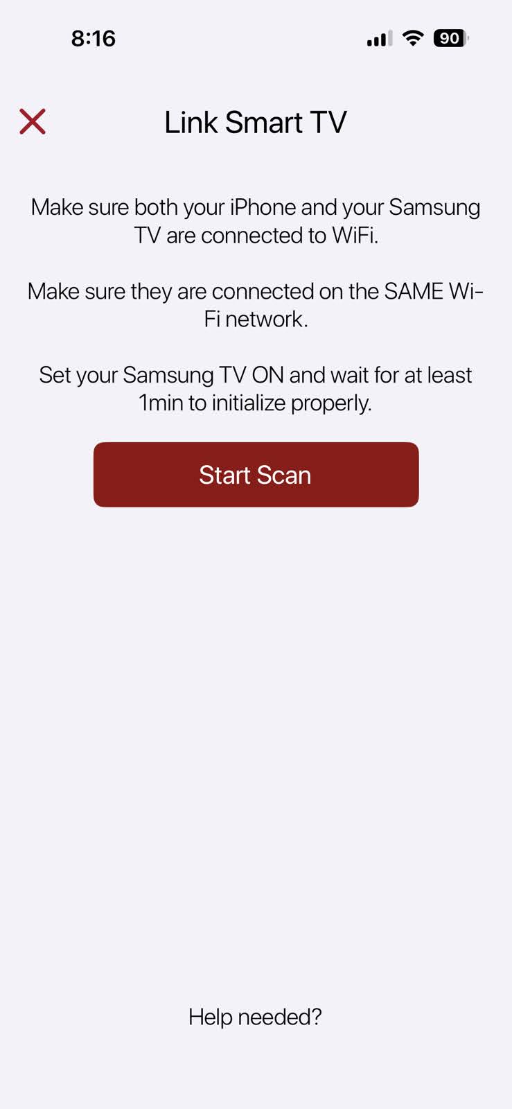 TV Remote for Samsung – Cast मे Start Scan बटन पर टैप करे
