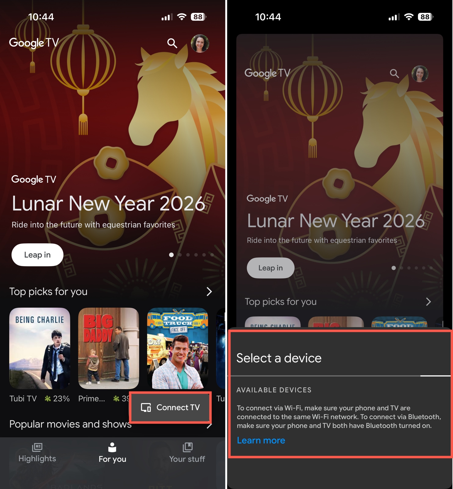Tap on the Connect TV button in Google TV and select your device