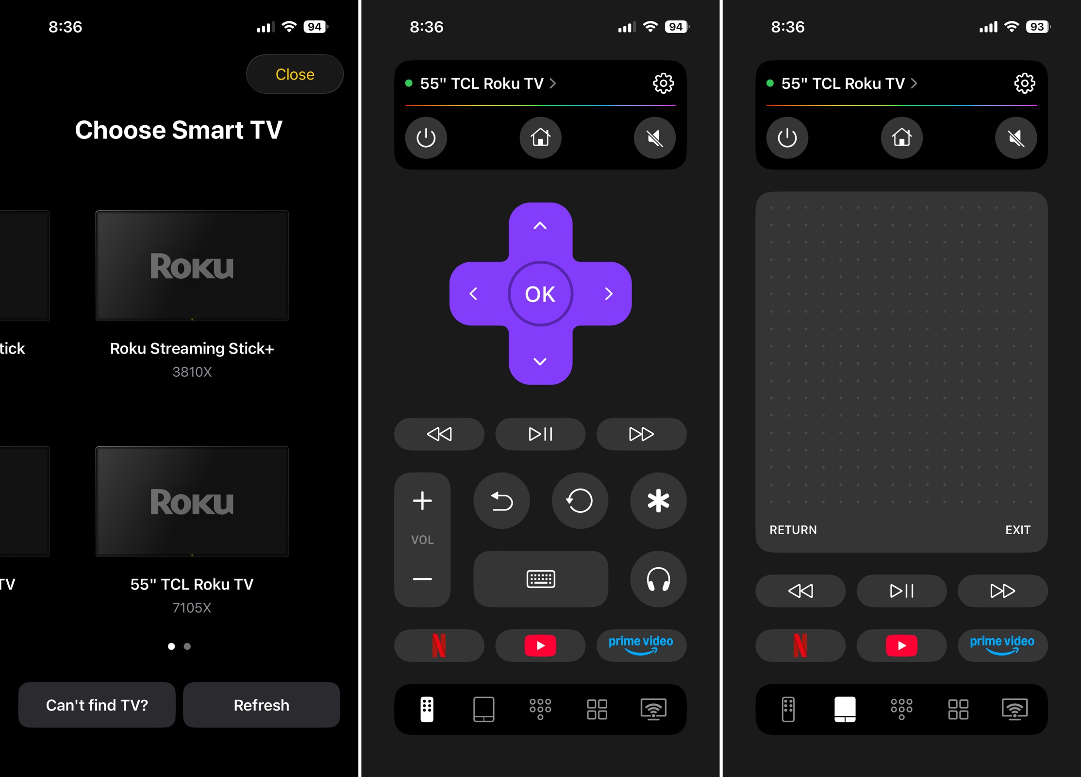 TVRem Universal TV Remote App device selection and control screens TVRem Universal TV Remote App device selection and control screens