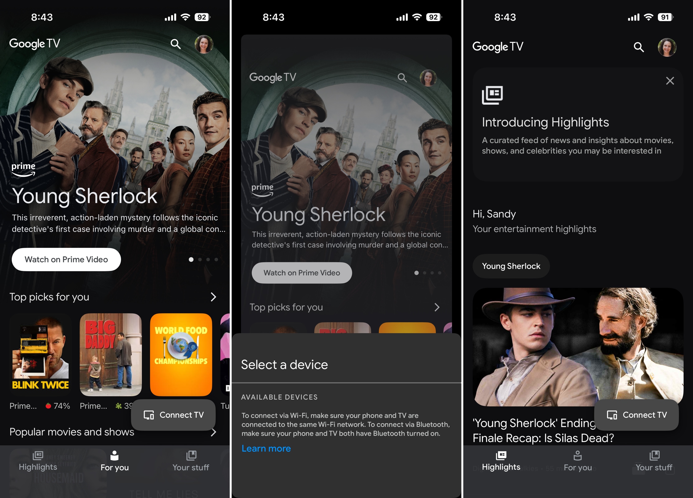 Google TV app main screens Google TV app main screens
