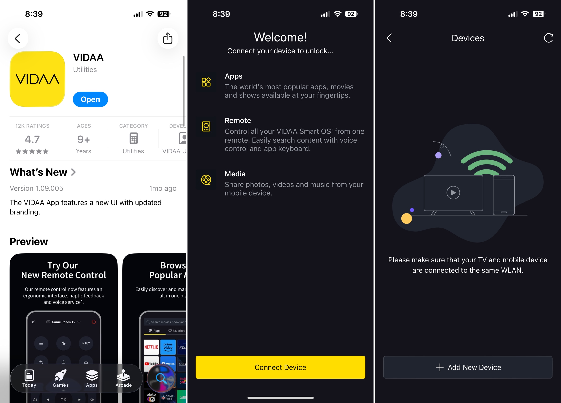 VIDAA welcome and device detection screens