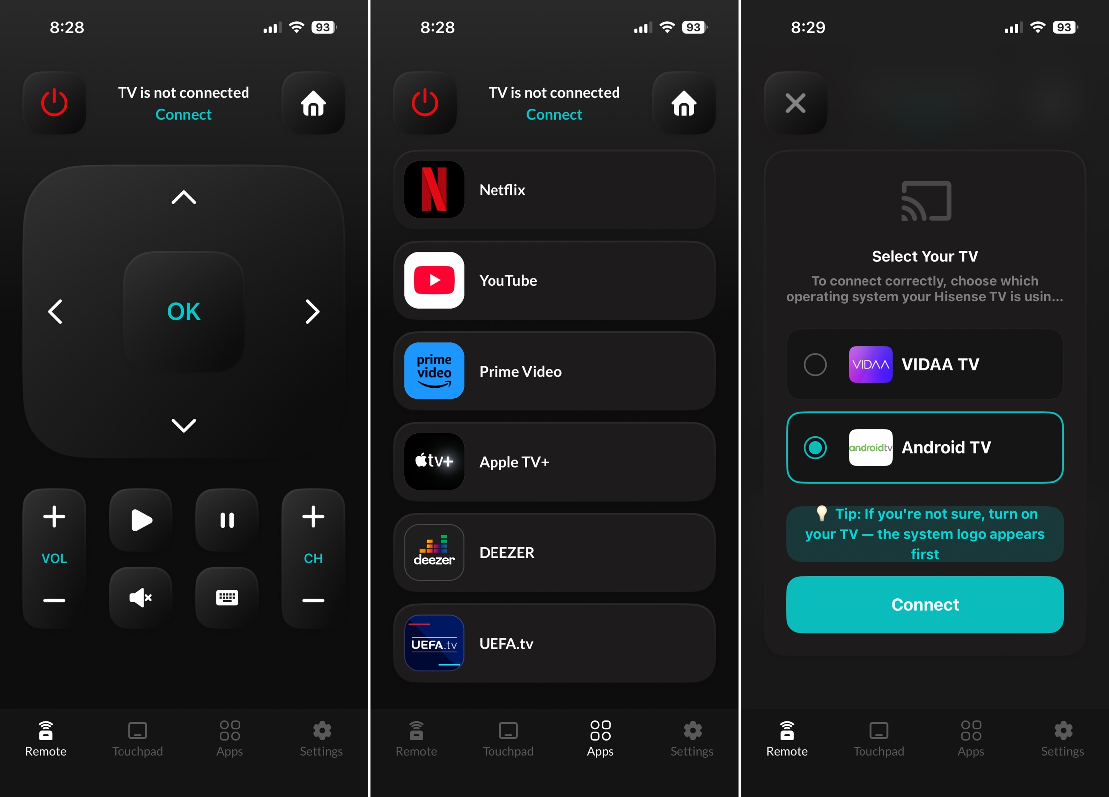 Remote for Hisense TV control, app, and device selection screens