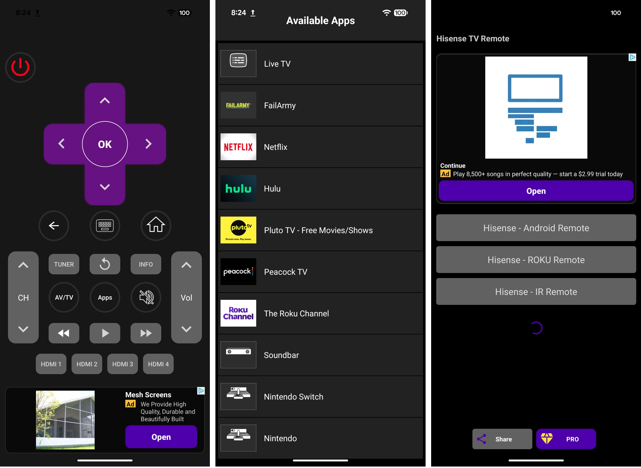 Hisense TV Remote control, app, and device selection screens