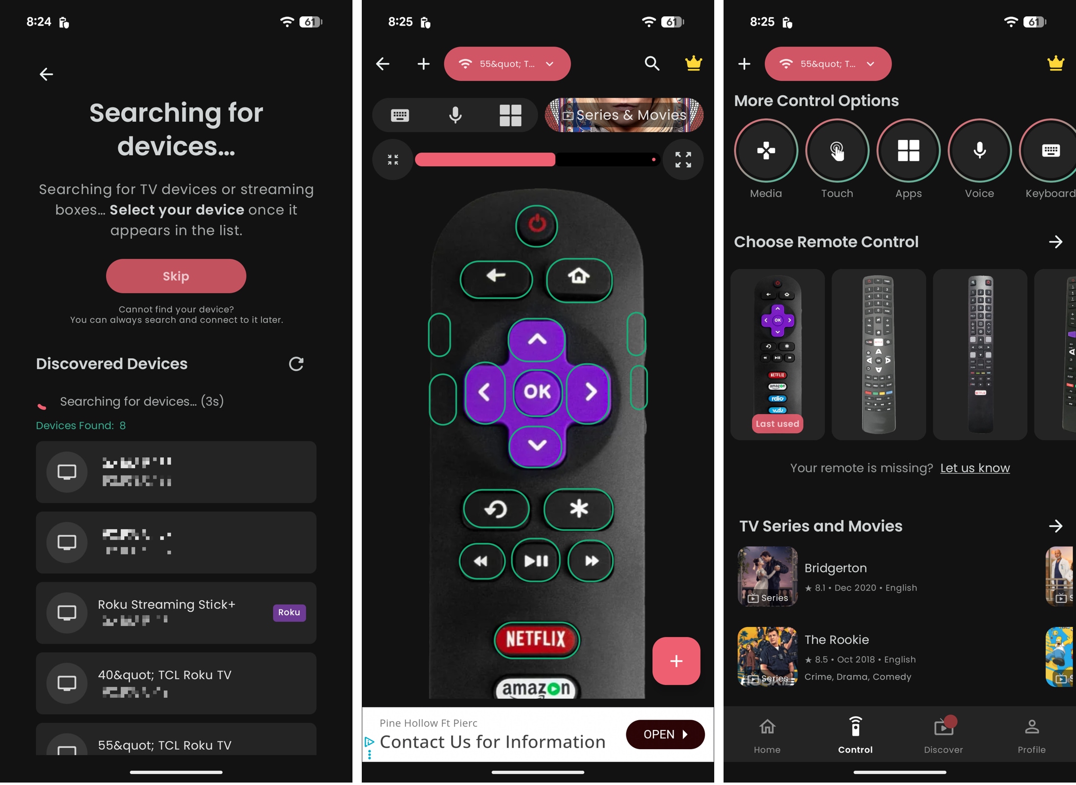 TCL TV Remote device selection, control, and main screens TCL TV Remote device selection, control, and main screens