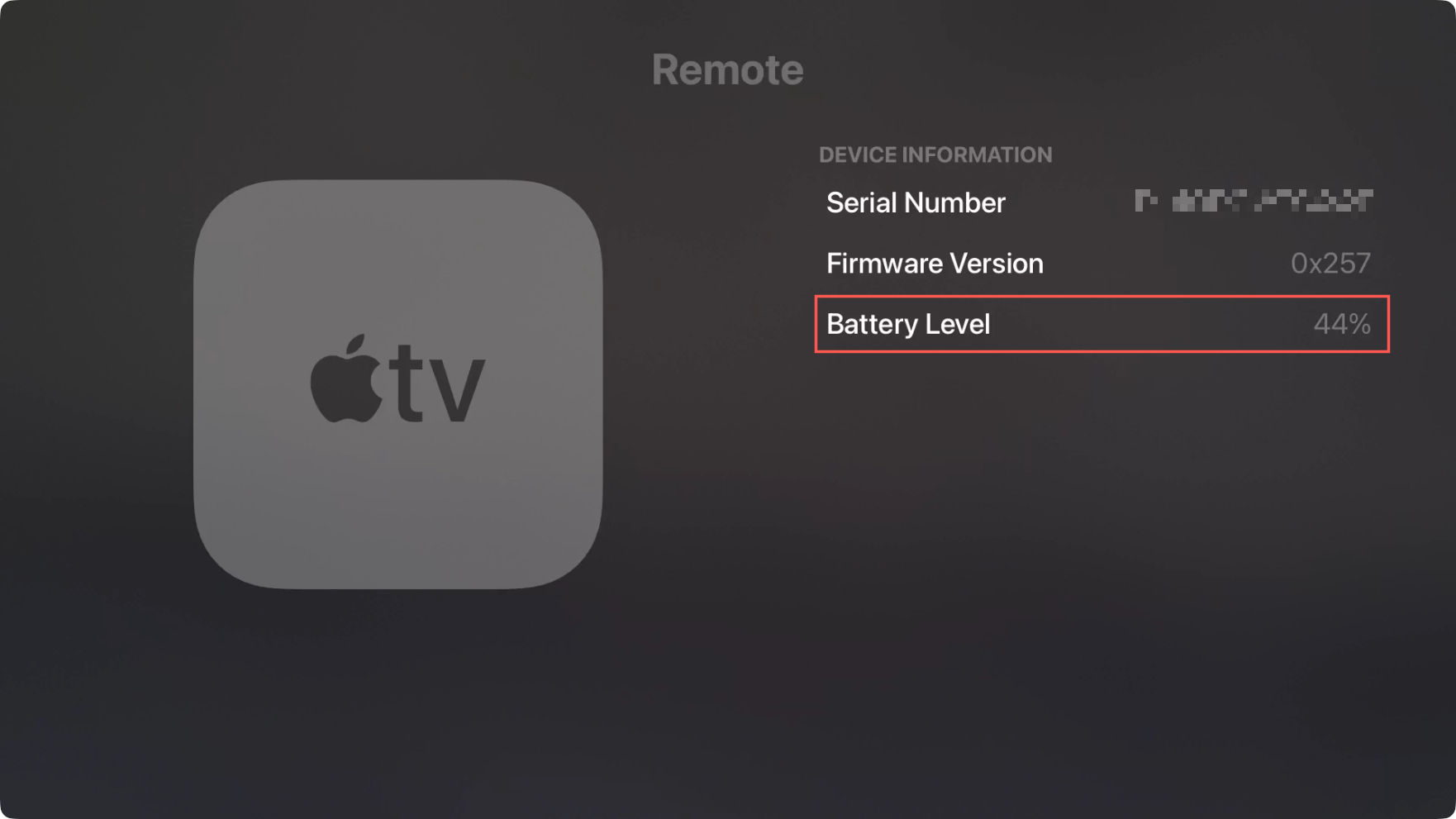 The Remote Battery Level option in the Apple TV settings