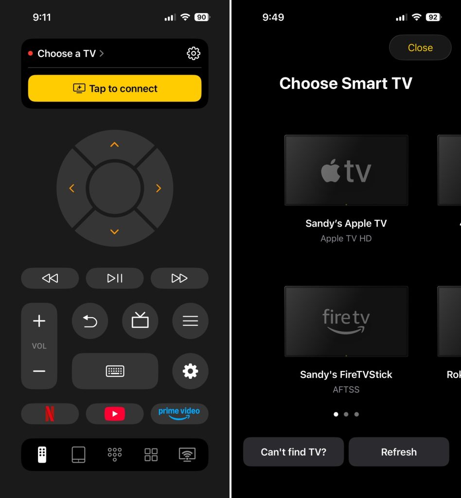 TVRem Choose a TV and device list screens