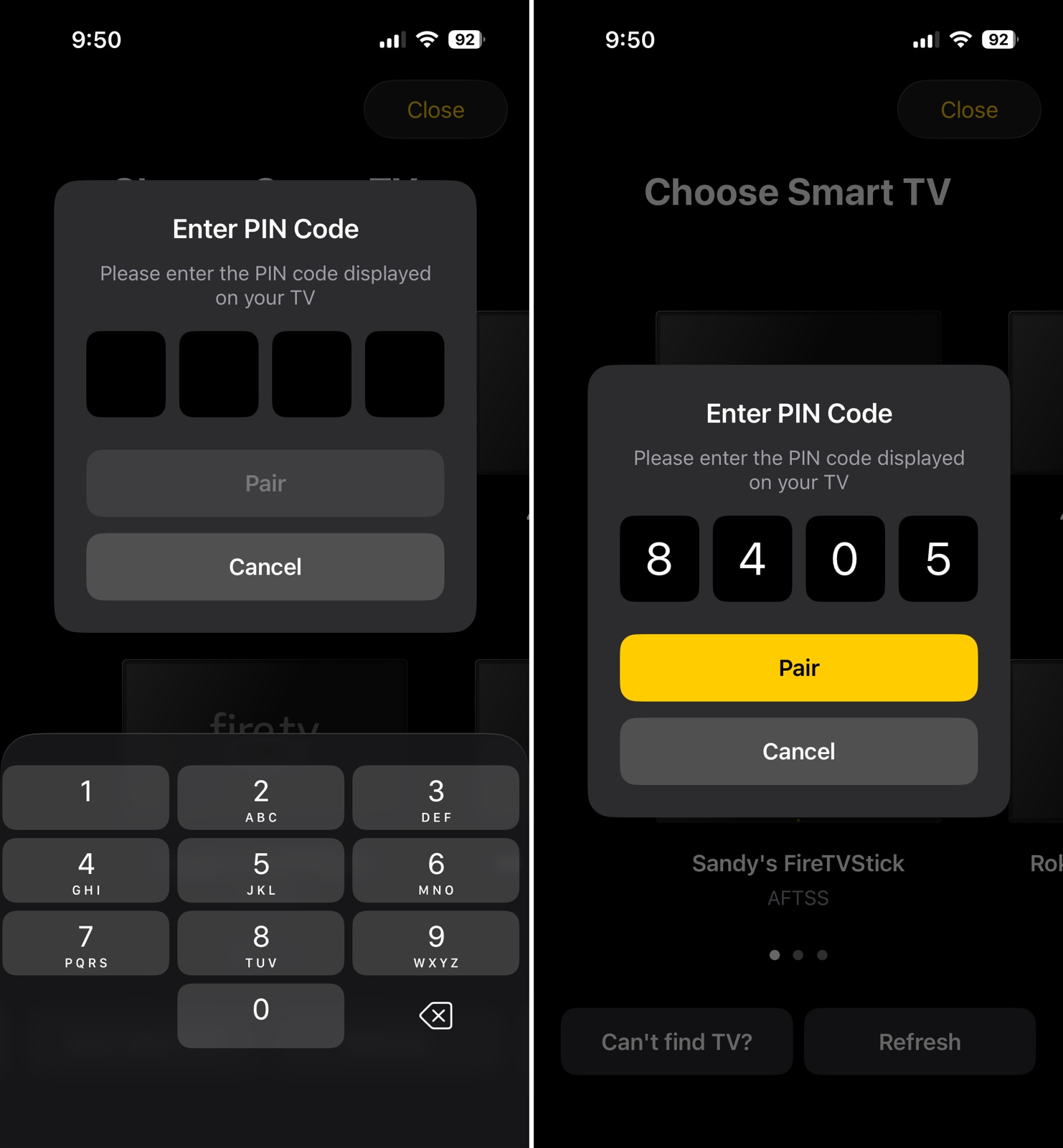 Enter PIN code in TVRem