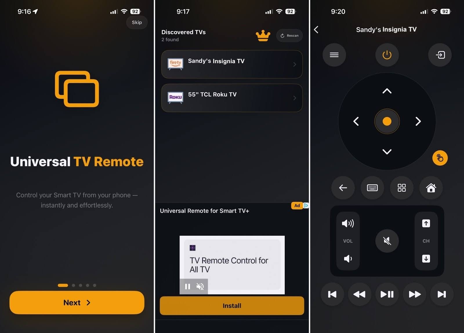 Interface screenshots of the Universal TV Remote Control app Interface screenshots of the Universal TV Remote Control app