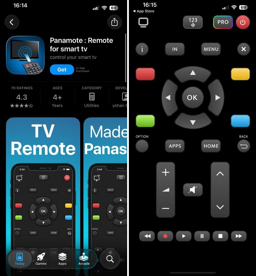 Interface screenshots of the Panamote: Remote for Smart TV app