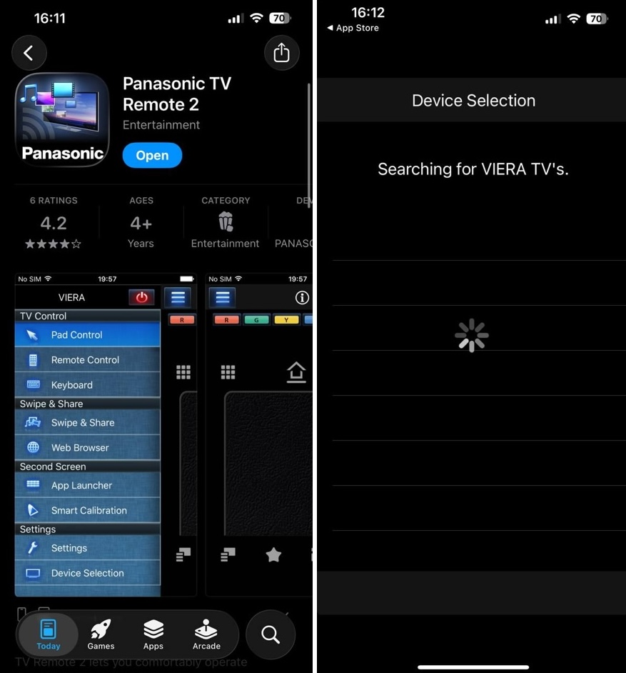 Interface screenshots of the Panasonic TV Remote 2 app