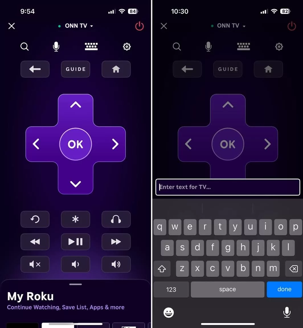 Interface screenshots of the official Roku app