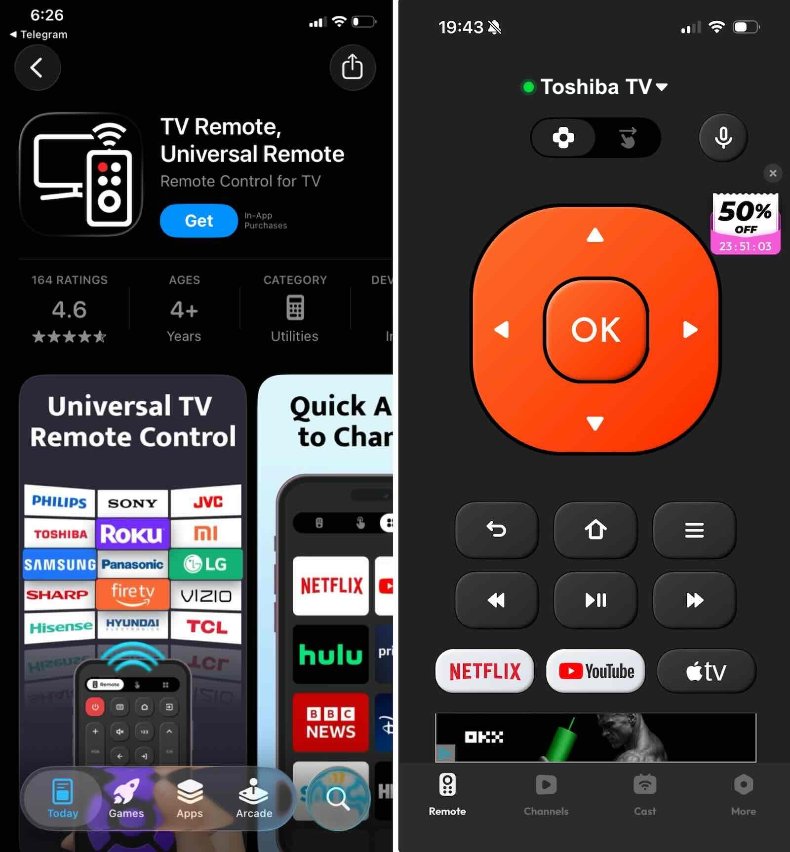 Interface screenshots of the TV Remote - Universal Remote app