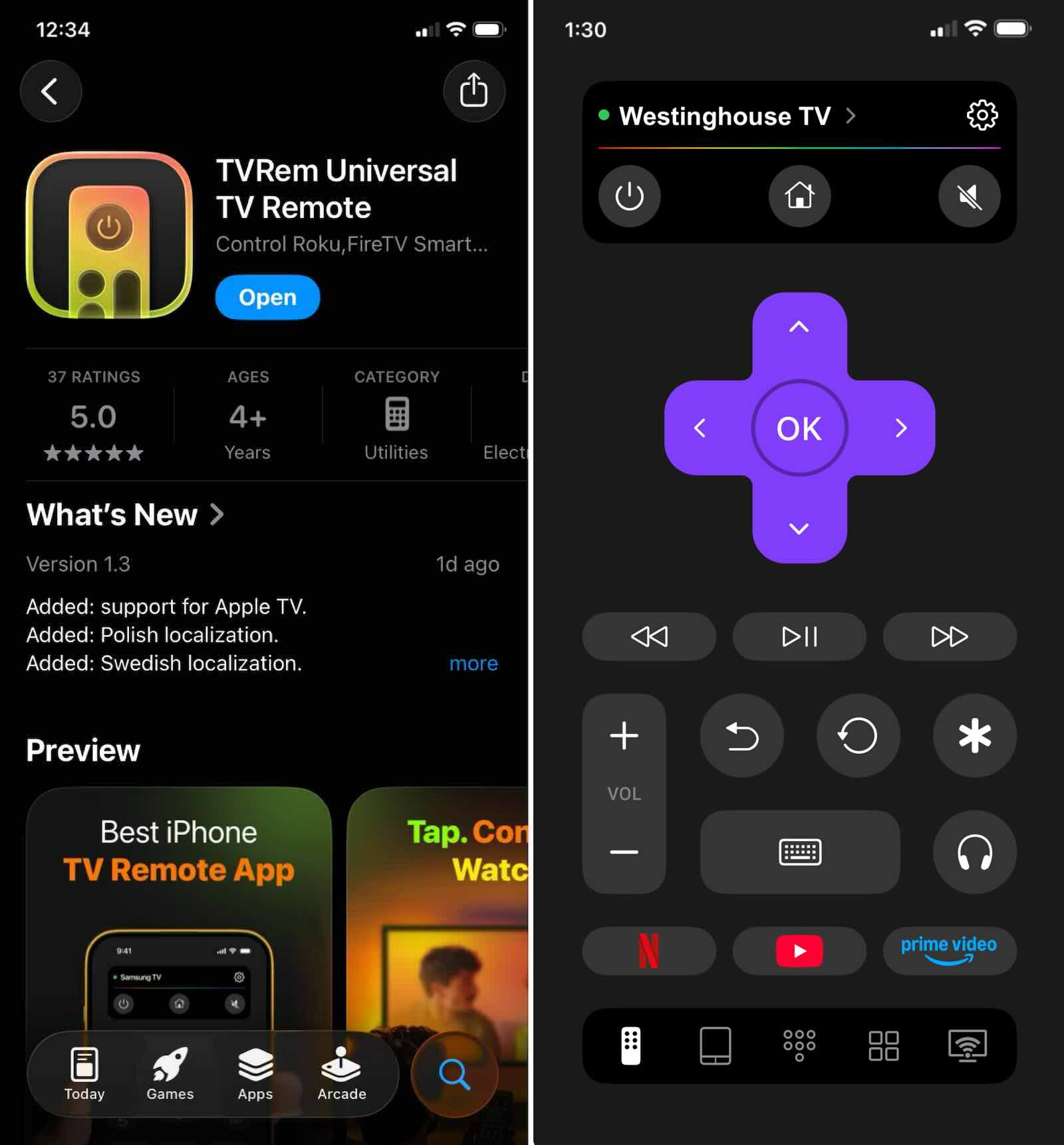 TVRem is connected to Westinghouse TV