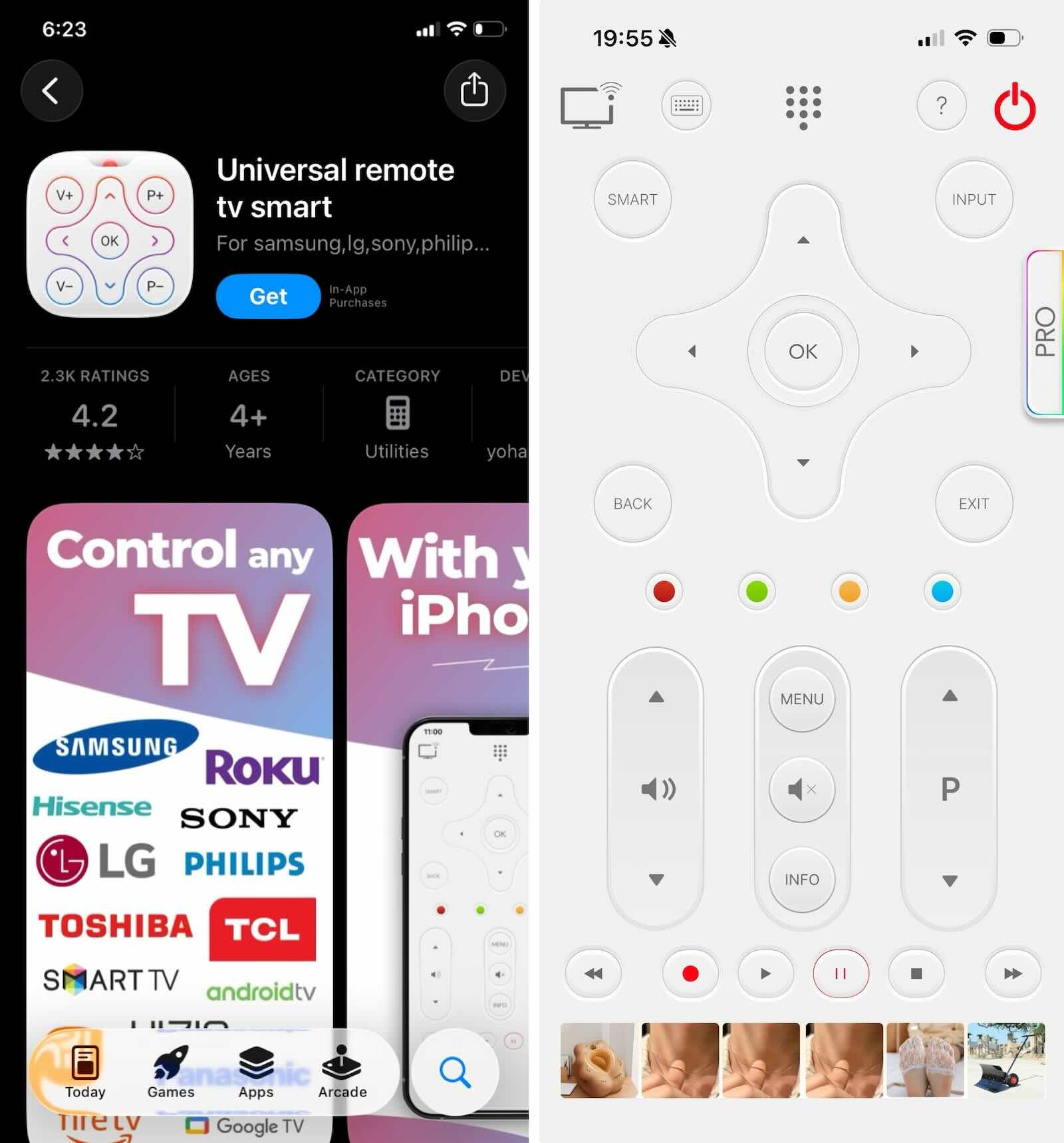 Interface screenshots of the Universal Remote TV Smart app