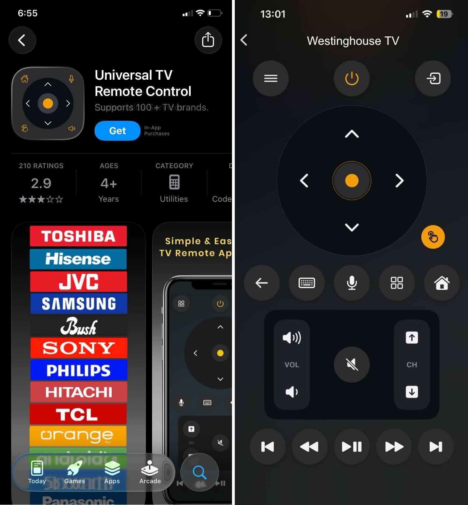 Interface screenshots of the Universal TV Remote Control app