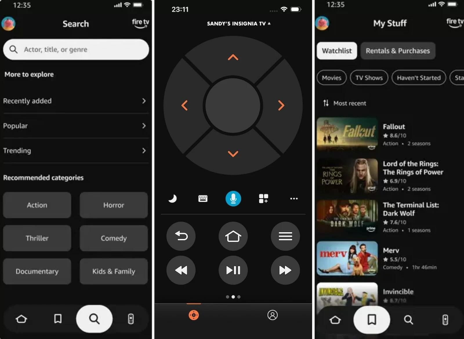 Interface screenshots of the Amazon Fire TV app