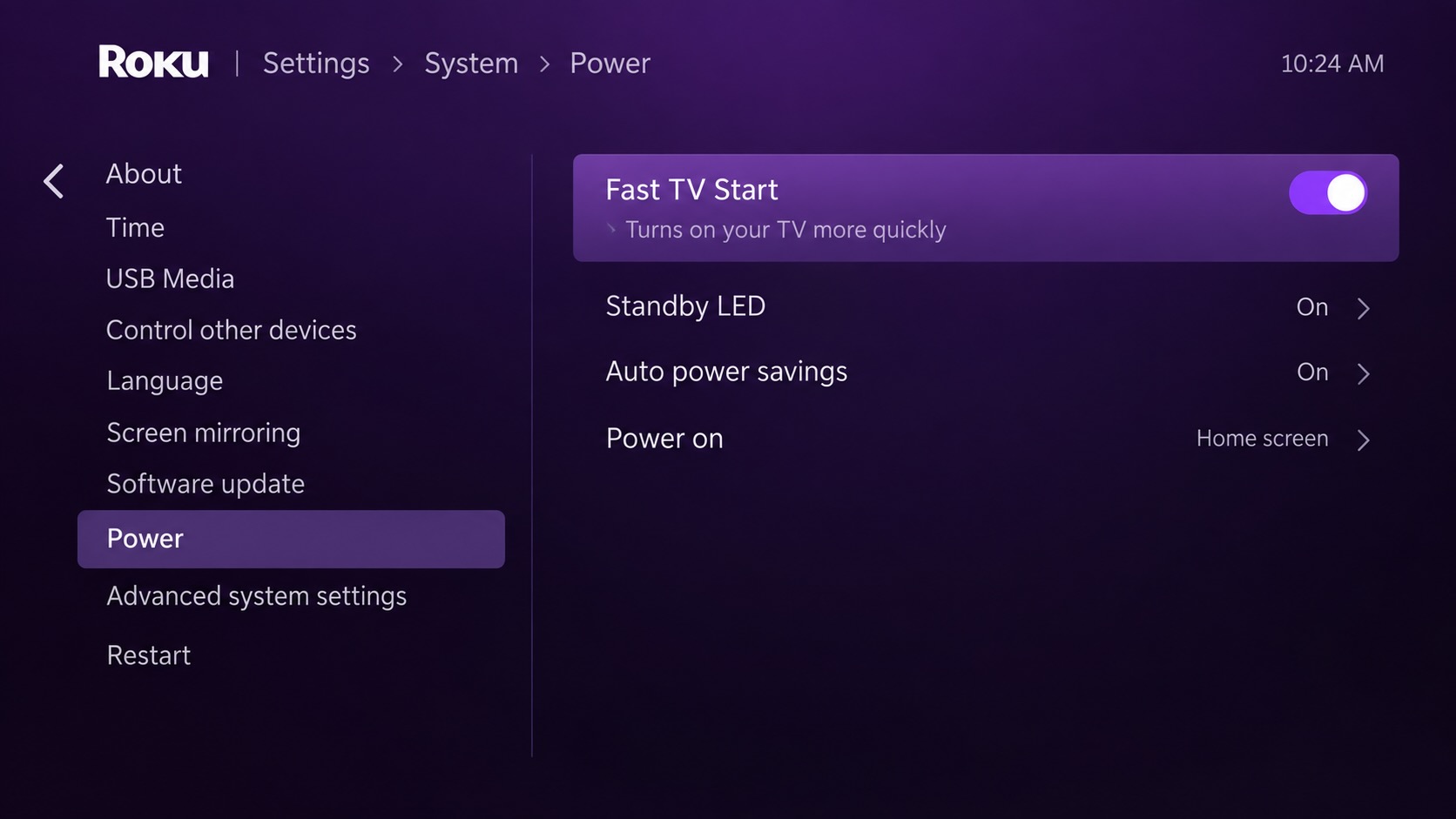 The Fast TV Start option is turned on on the Roku TV The Fast TV Start option is turned on on the Roku TV