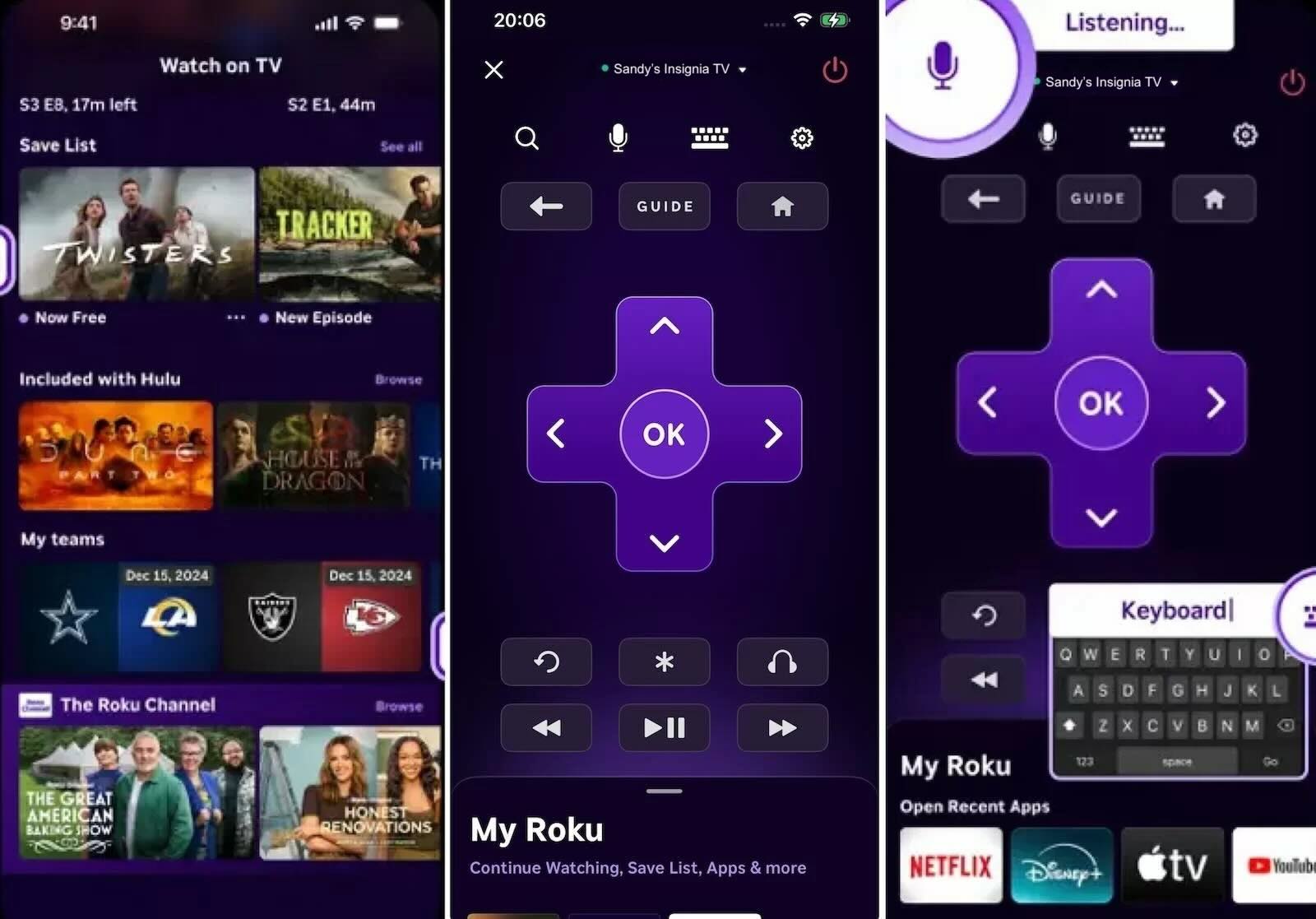 Interface screenshots of the Official Roku Remote app