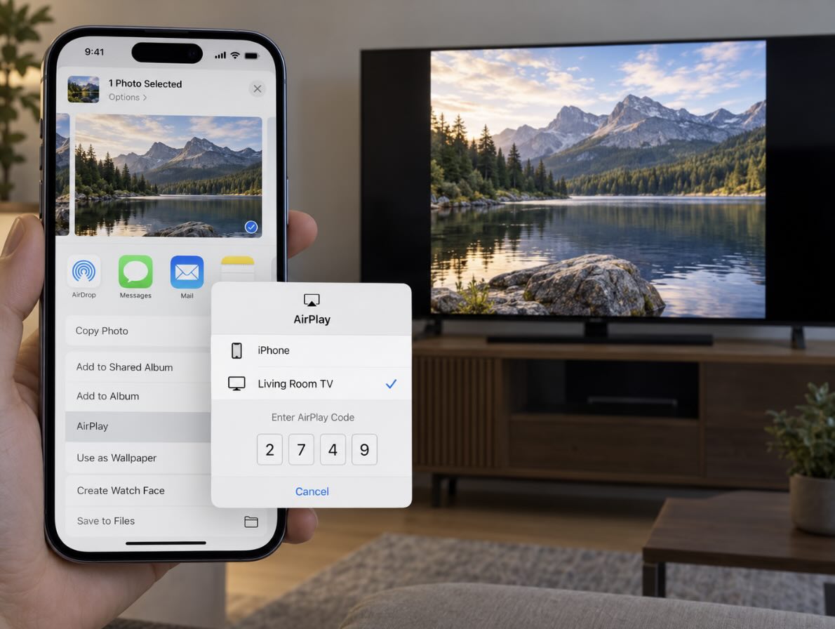 Die AirPlay-Option in der Fotos-App auf dem iPhone