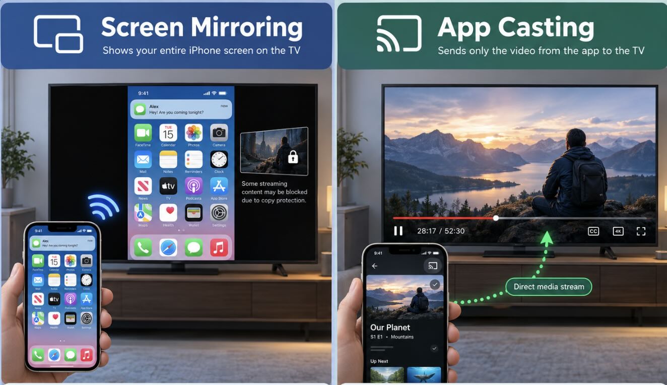 The difference between screen mirroring and app casting functions