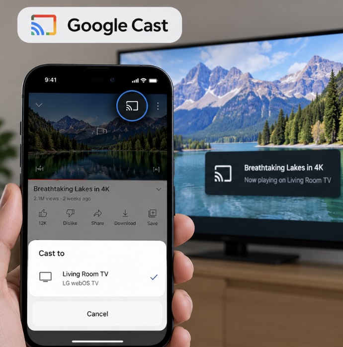 Snímek obrazovky s možností Google Cast ve streamovací aplikaci Snímek obrazovky s možností Google Cast ve streamovací aplikaci