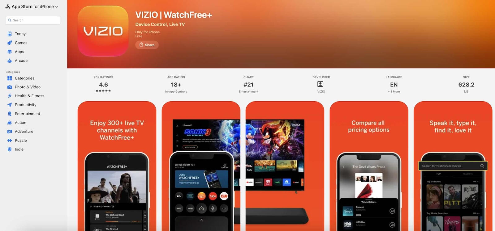 Screenshot of the official VIZIO mobile app